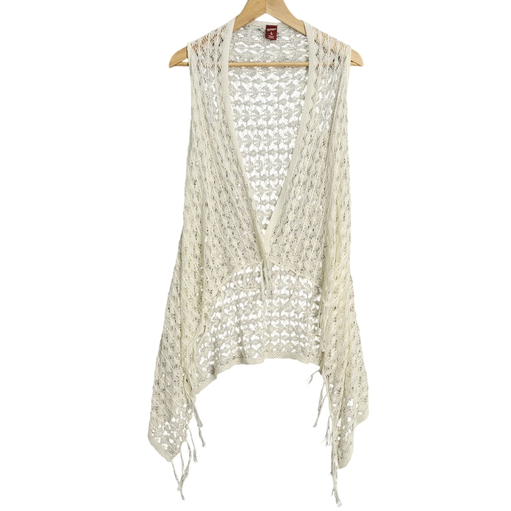 Arizona Boho Vest Womens Small Cream Open Front Fringe Hippie Crochet Loose Knit